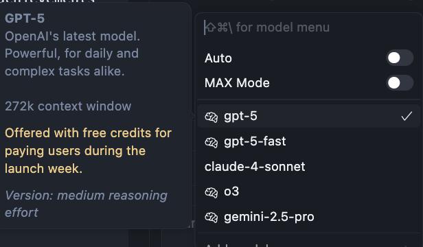 ChatGPT 5 доступен бесплатно в Cursor с контекстом 272k 😏 image preview